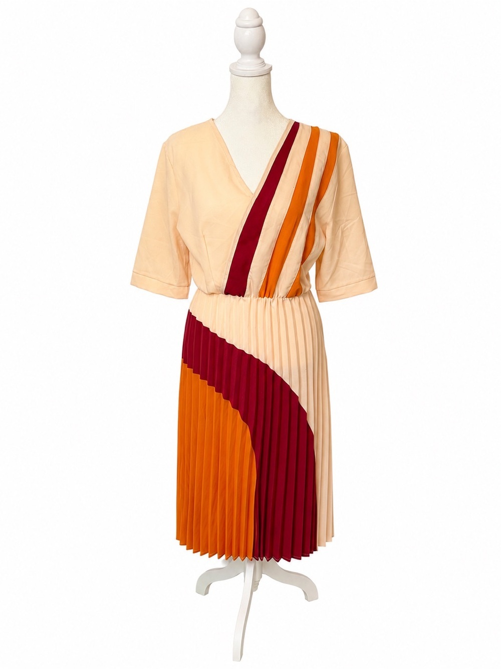 Vintage Pleated Colorblock V-Neck Midi Dress in Peach, Orange & Burgundy